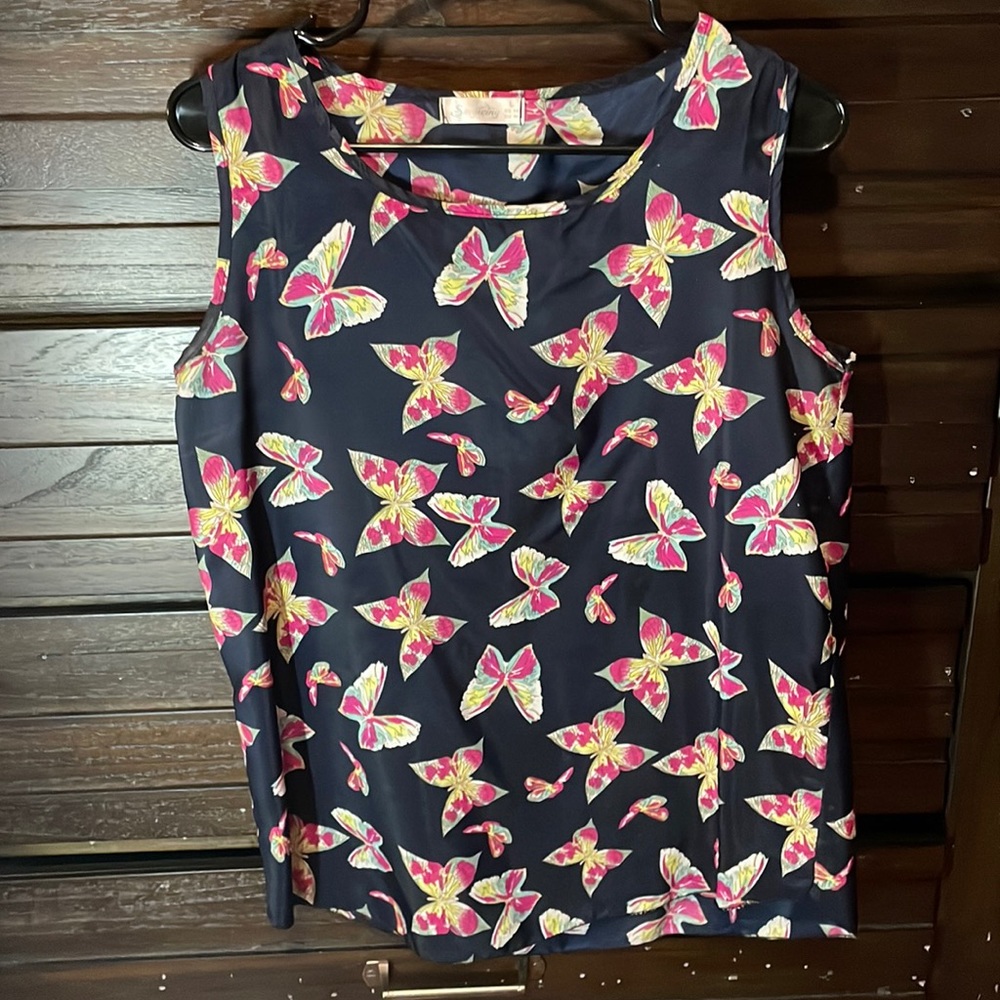 Singwing large flowy sleeveless blouse, navy blue with butterflies